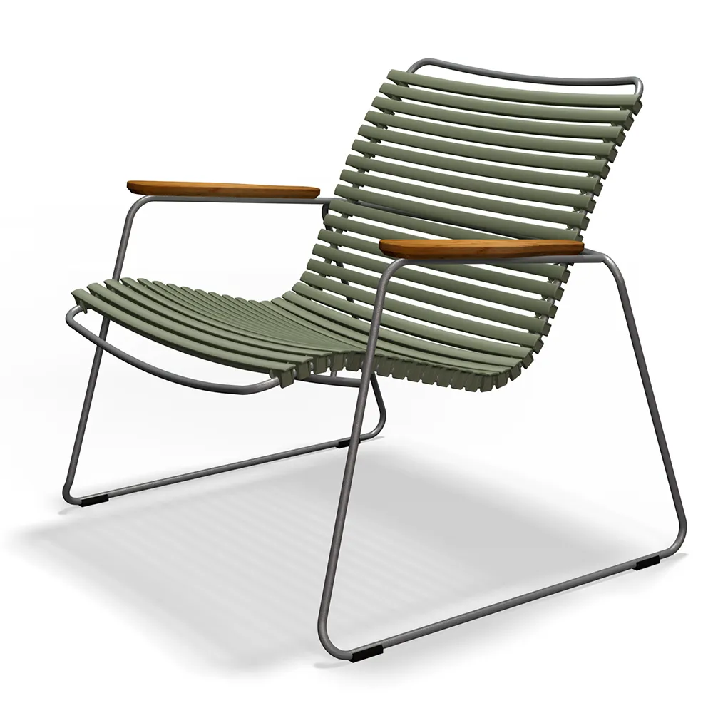 houe, click roomy lounge chair olive green. frame: grey. armrest: bamboo