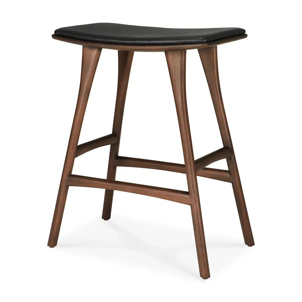 ethnicraft, osso barpall låg brunlackad teak/black leather