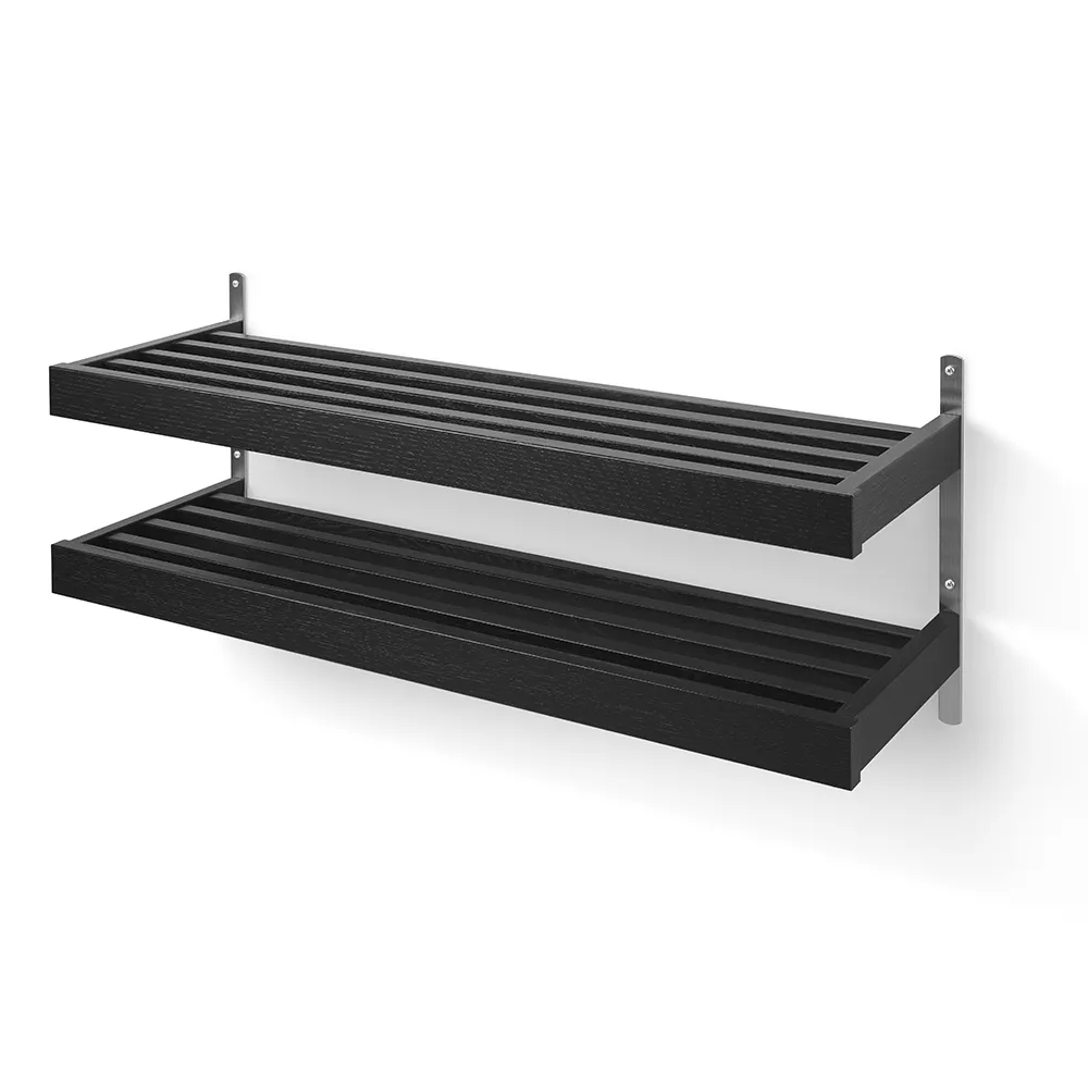 oscarssons möbel, nadja skohylla 100 cm 2 plan väggmonterad svartbetsad ek/slipat stål