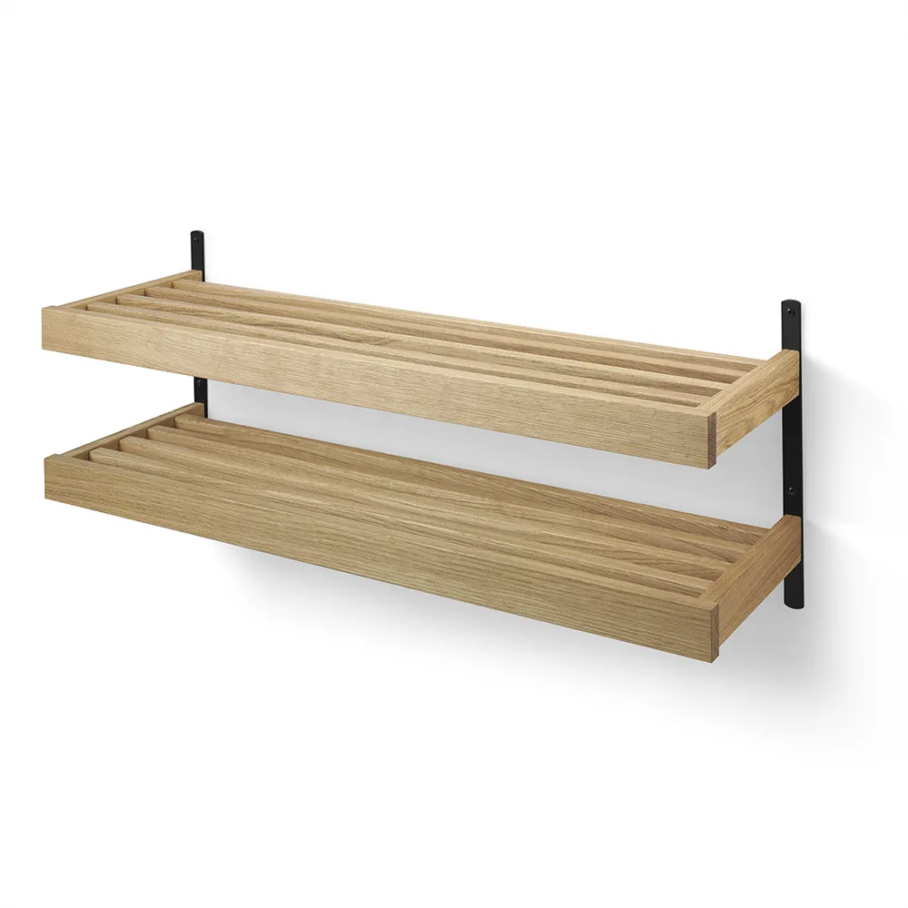 oscarssons möbel, nadja skohylla 100 cm 2 plan väggmonterad lackad ek/mattsvart stål