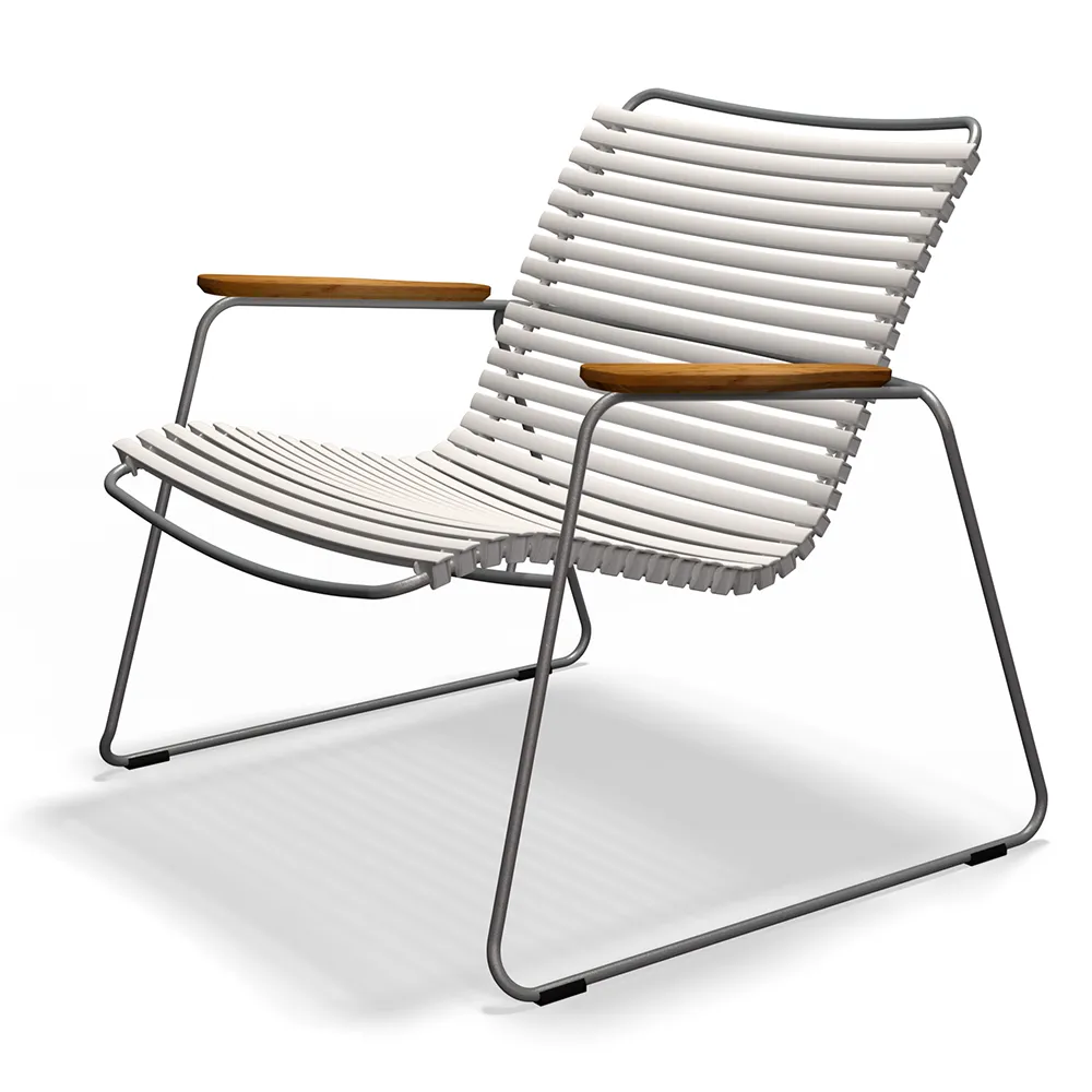 houe, click roomy lounge chair muted white. frame: grey. armrest: bamboo