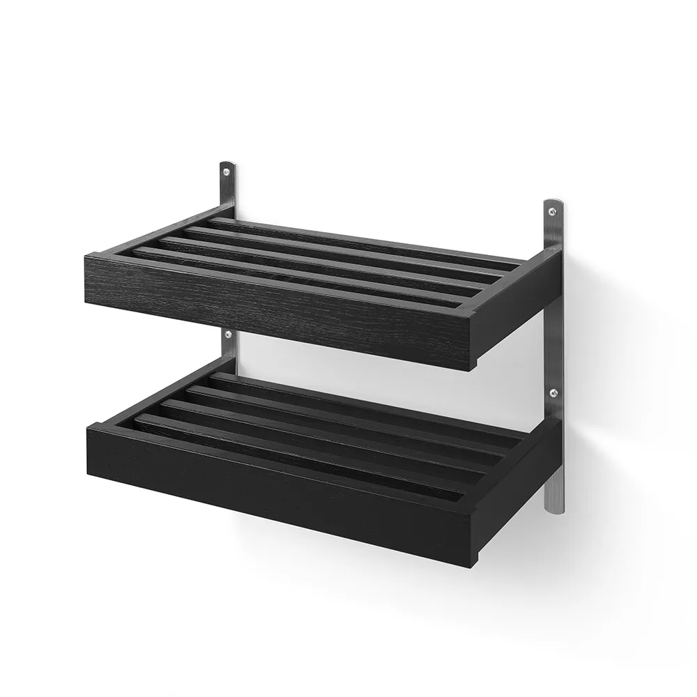 oscarssons möbel, nadja skohylla 50 cm 2 plan väggmonterad svartbetsad ek/slipat stål