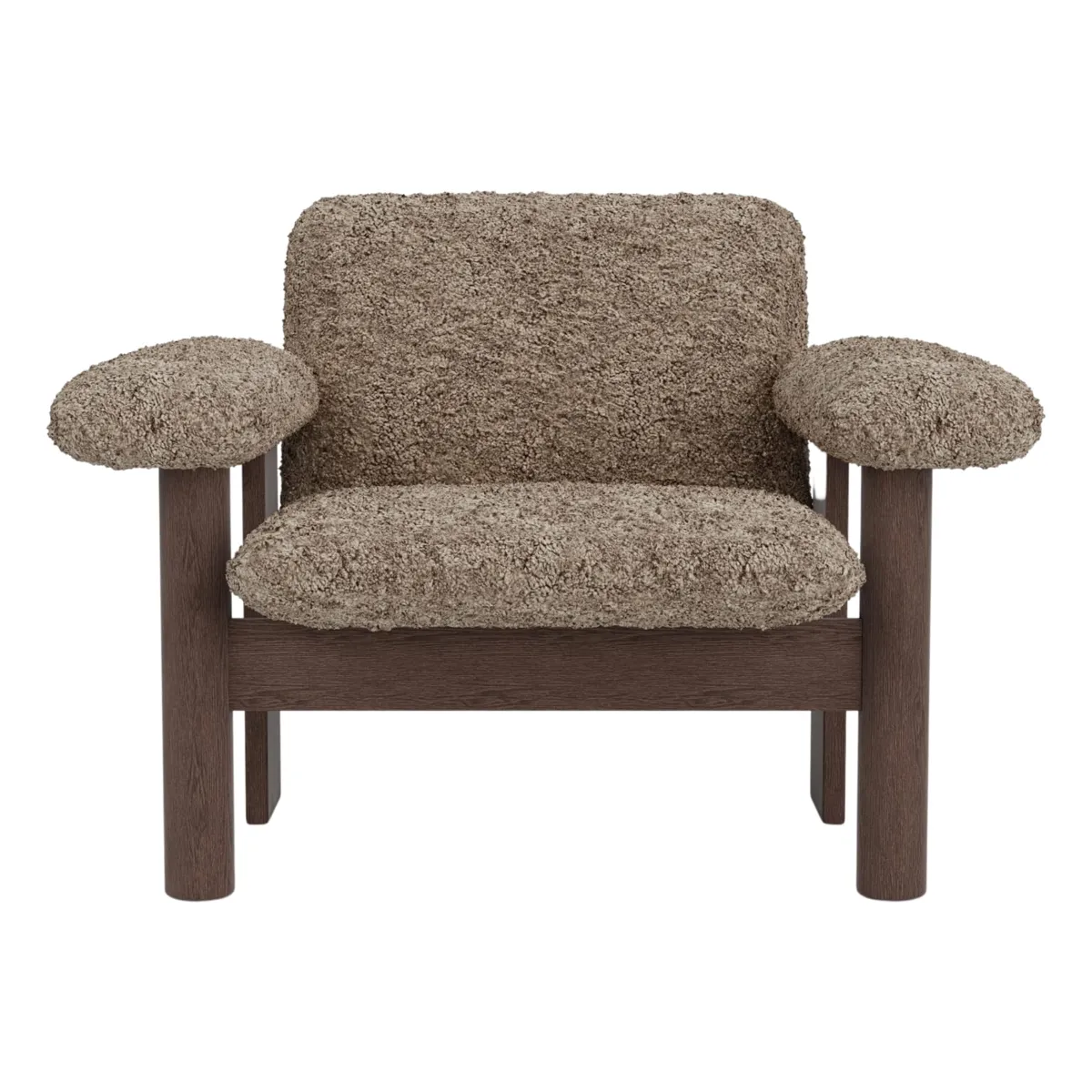 Brasilia loungestol helklädd, låg rygg, fyrbent underrede, mörkbetsad massiv ek, Sheepskin Nevotex Sahara