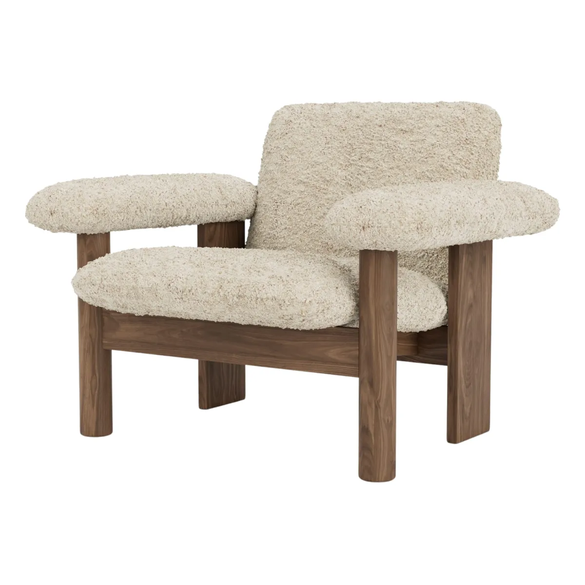 Brasilia loungestol helklädd låg rygg fyrbent underrede massiv valnöt Sheepskin Nevotex Nature