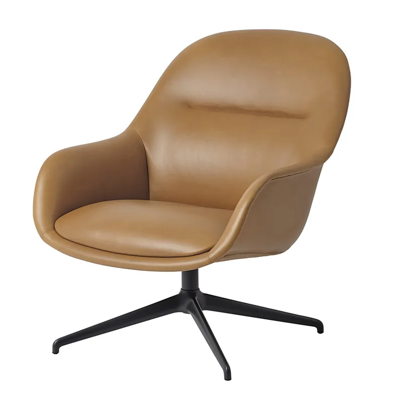 Muuto, Fiber Soft Lounge Armchair Swivel Base - Refine Leather Cognac Anthracite Black