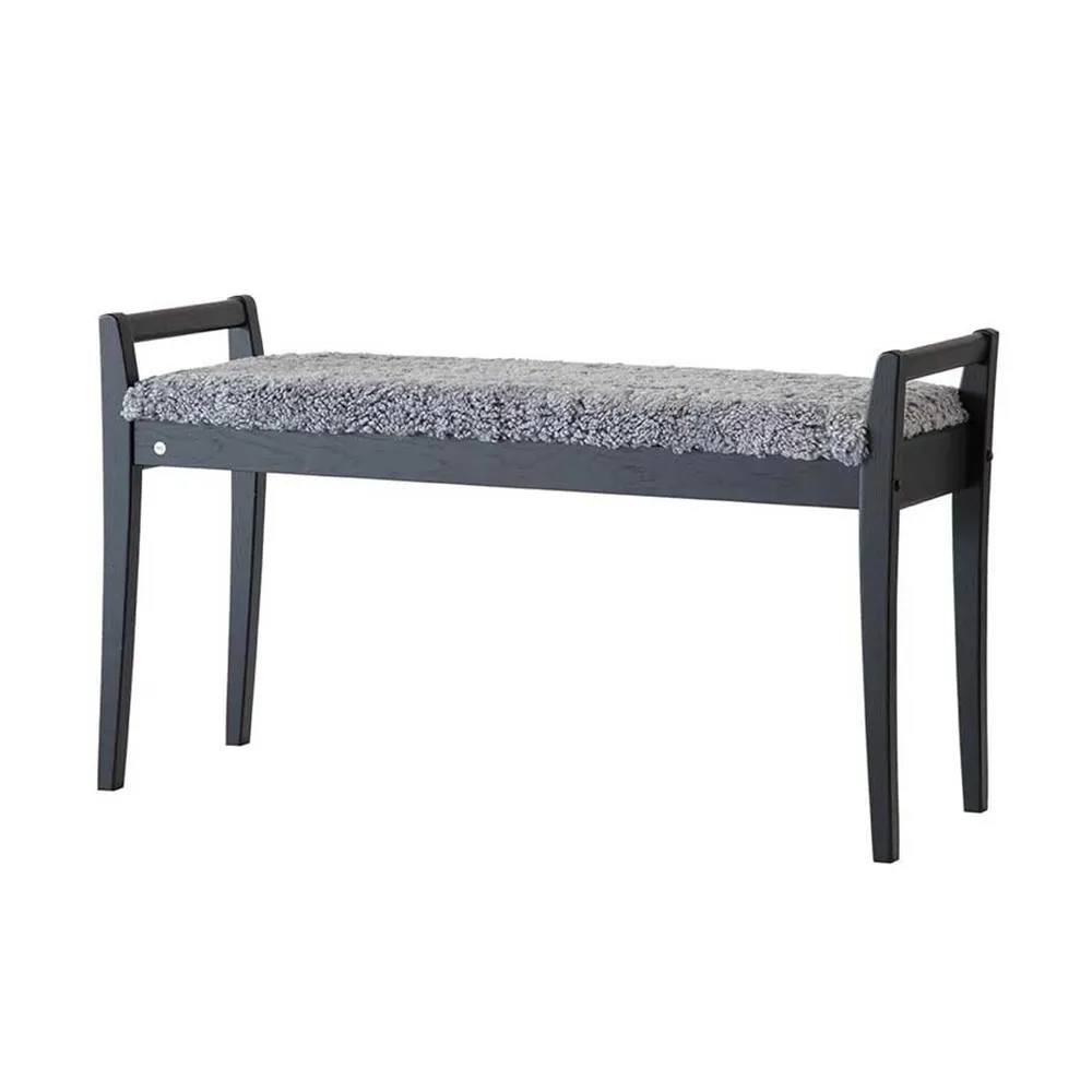 Meja Bänk Svartbetsad Ek/Fårskinn Ljusgrå