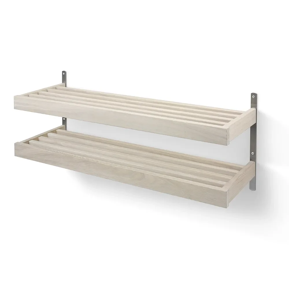 oscarssons möbel, nadja skohylla 100 cm 2 plan väggmonterad vitoljad ek/slipat stål
