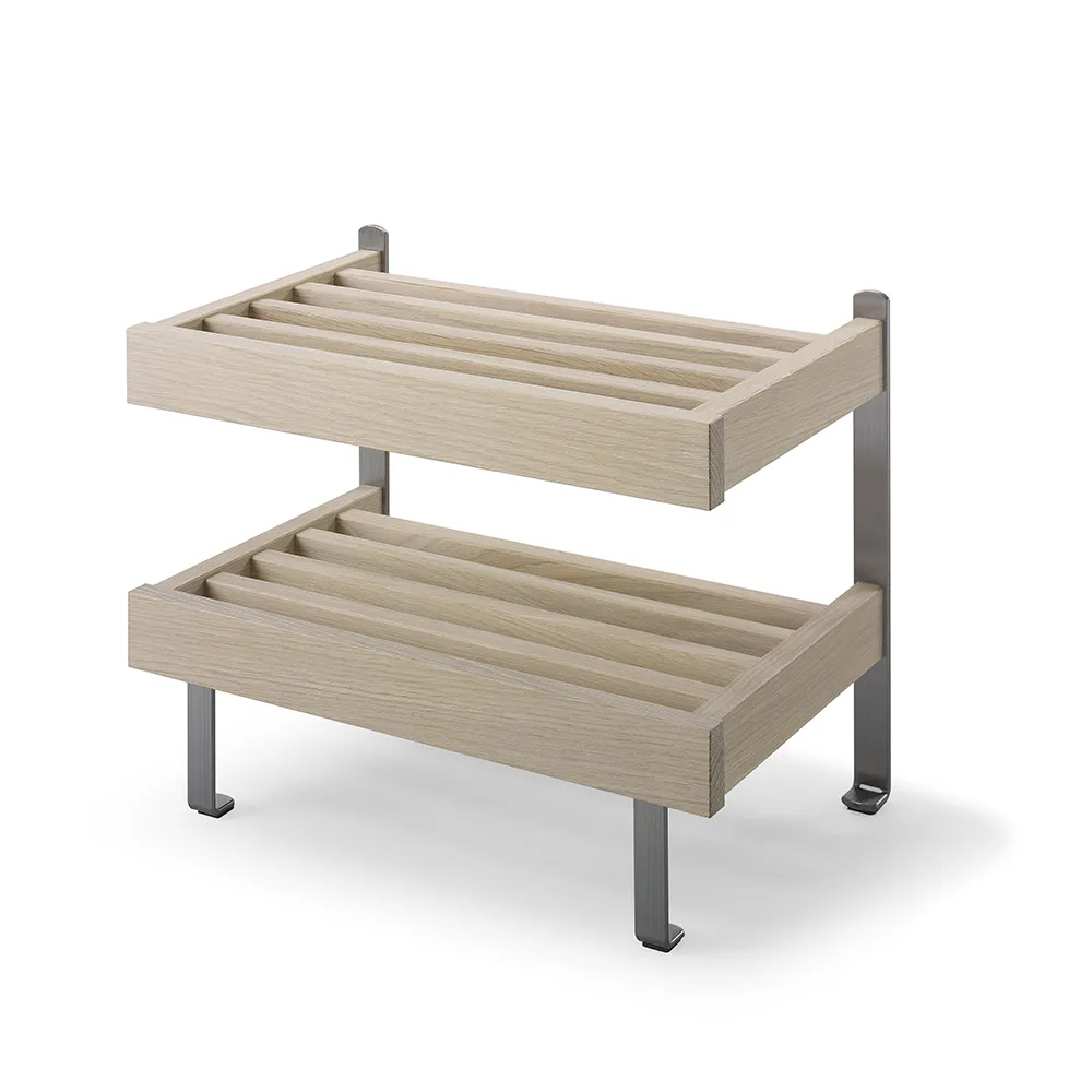 oscarssons möbel, nadja skohylla vitoljad ek/slipat stål